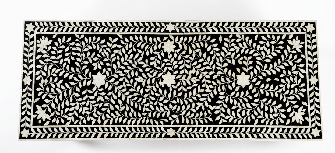 Bone Inlay Black & White 2 Drawer Work Desk – Gold Powder-Coated Legs