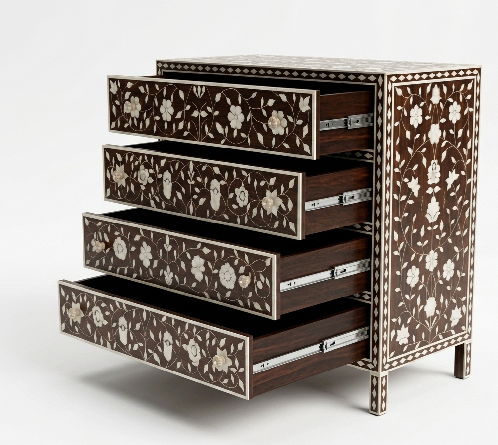 Brown Bone Inlay 4 Drawer Chest | Handmade Floral Chest of Drawers