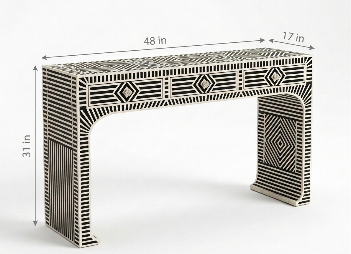 Bone Inlay Black & White 3-Drawer Geometric Console Table