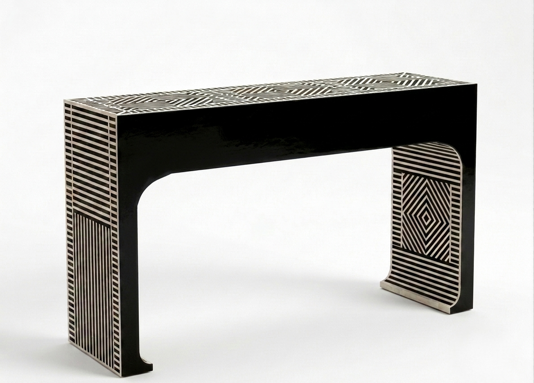 Bone Inlay Black & White 3-Drawer Geometric Console Table