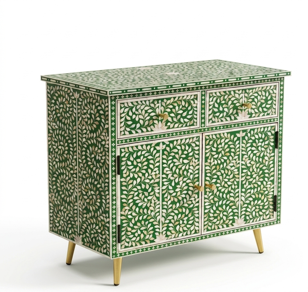 Mother of Pearl Inlay Green & White 2 Drawer 2 Door Cabinet