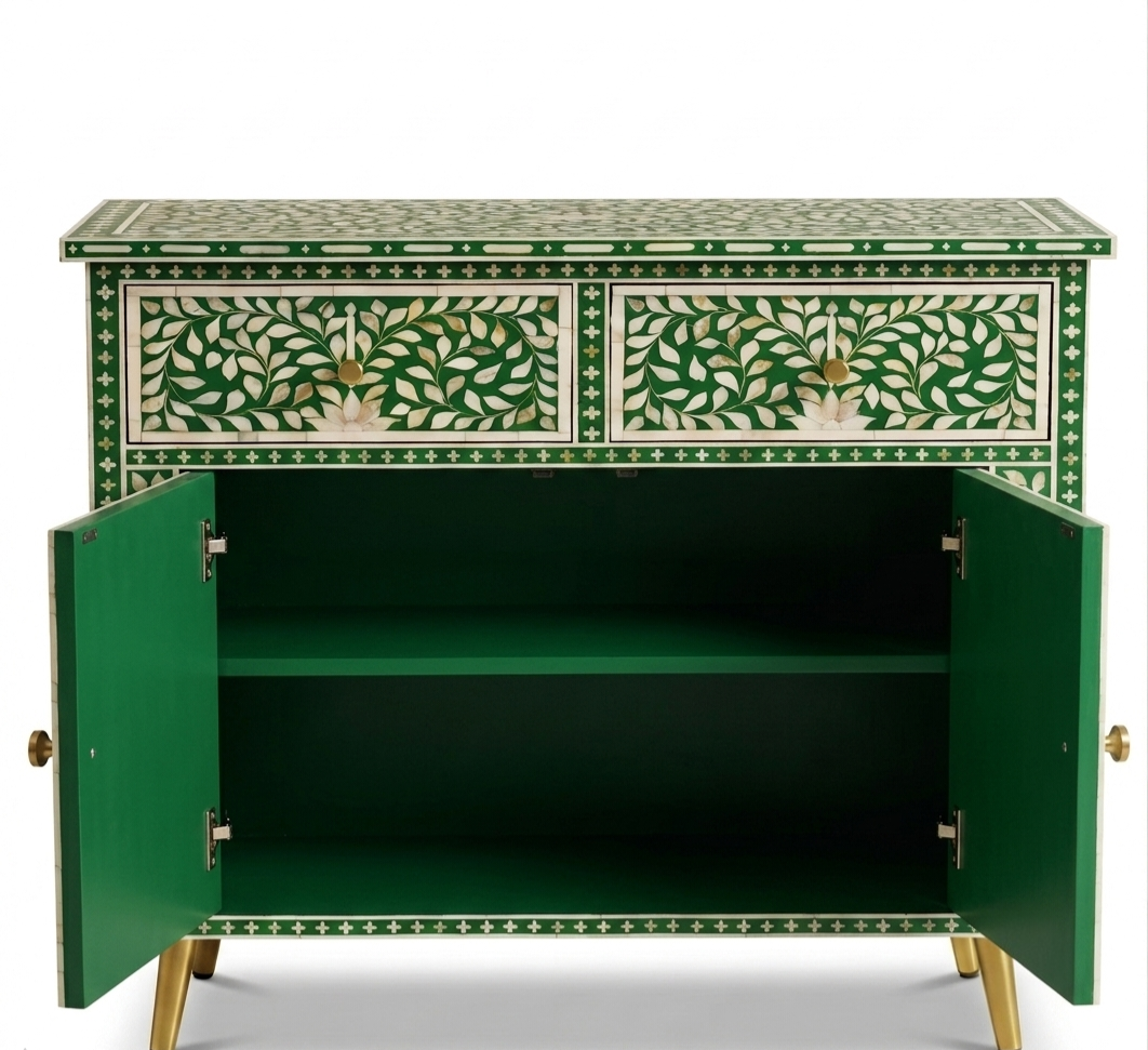 Mother of Pearl Inlay Green & White 2 Drawer 2 Door Cabinet