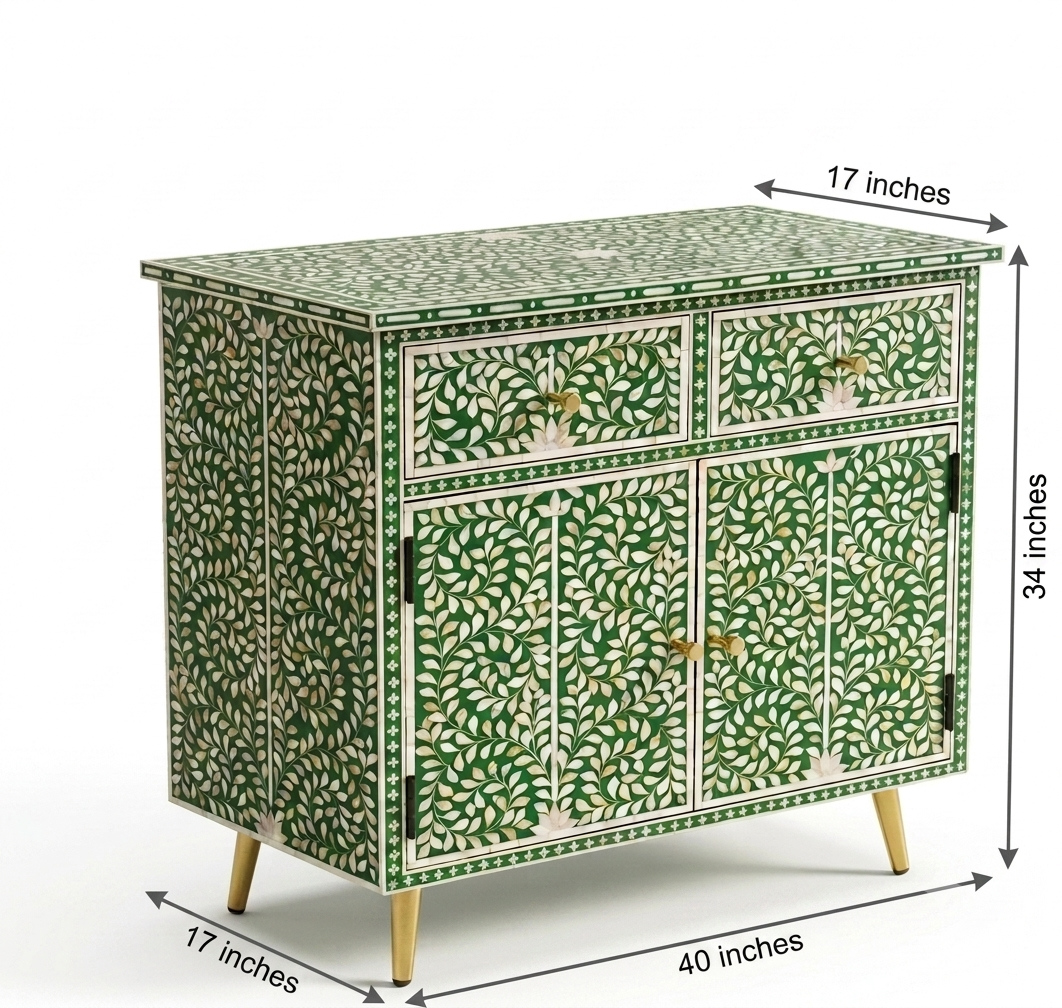 Mother of Pearl Inlay Green & White 2 Drawer 2 Door Cabinet