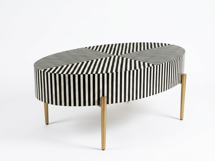 Bone Inlay Black & White Oval Coffee Table with Gold Legs