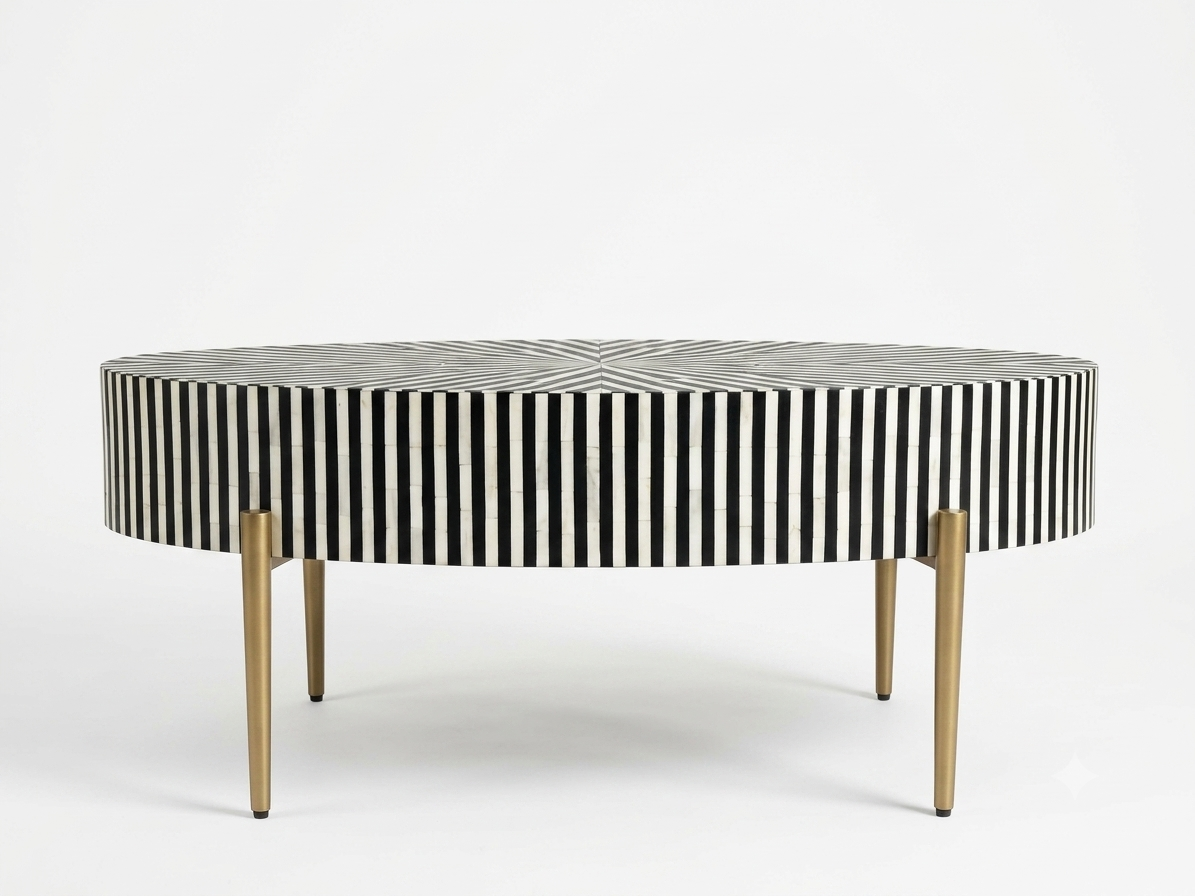 Bone Inlay Black & White Oval Coffee Table with Gold Legs