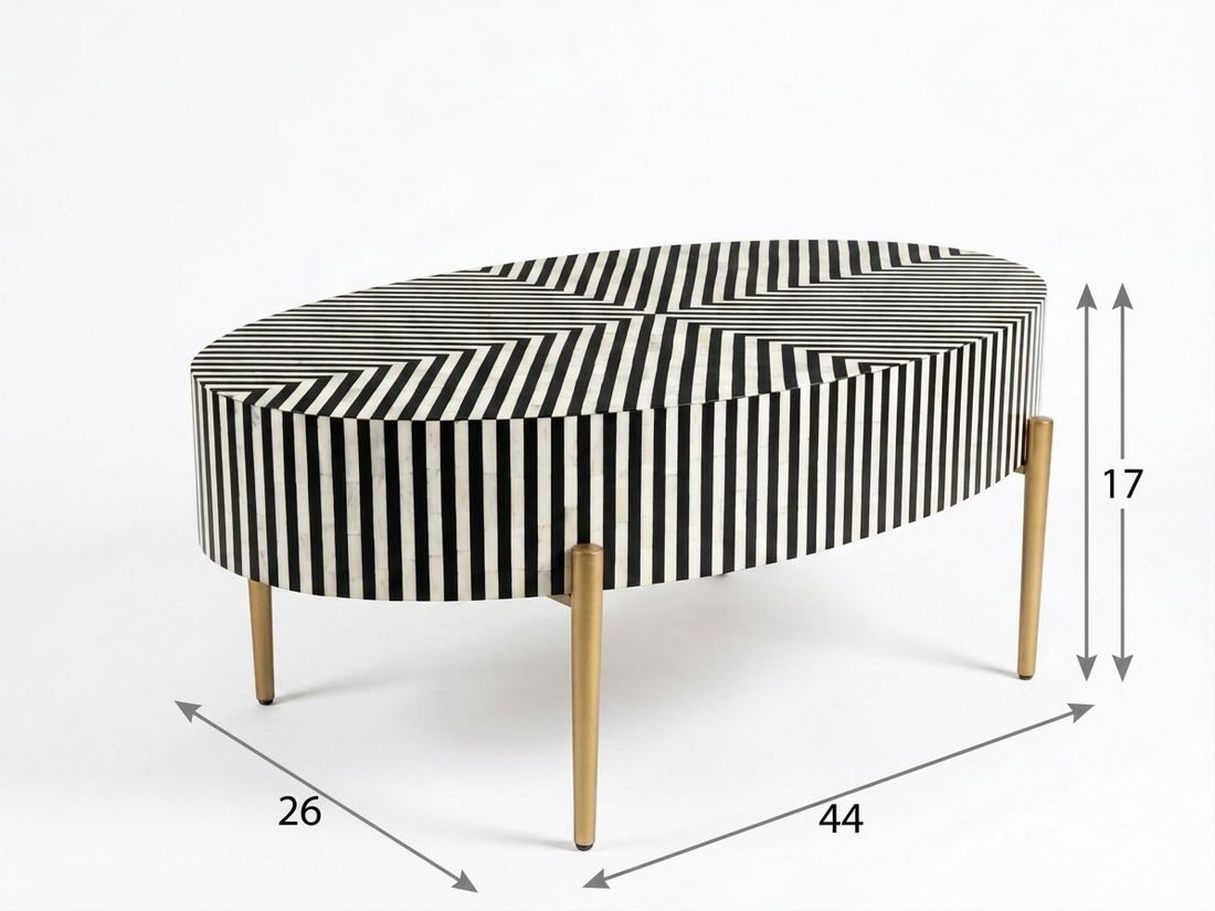 Bone Inlay Black & White Oval Coffee Table with Gold Legs