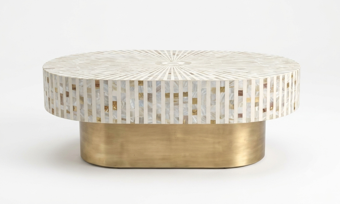 White Mother of Pearl Inlay Oval Coffee Table with Brass Stand
