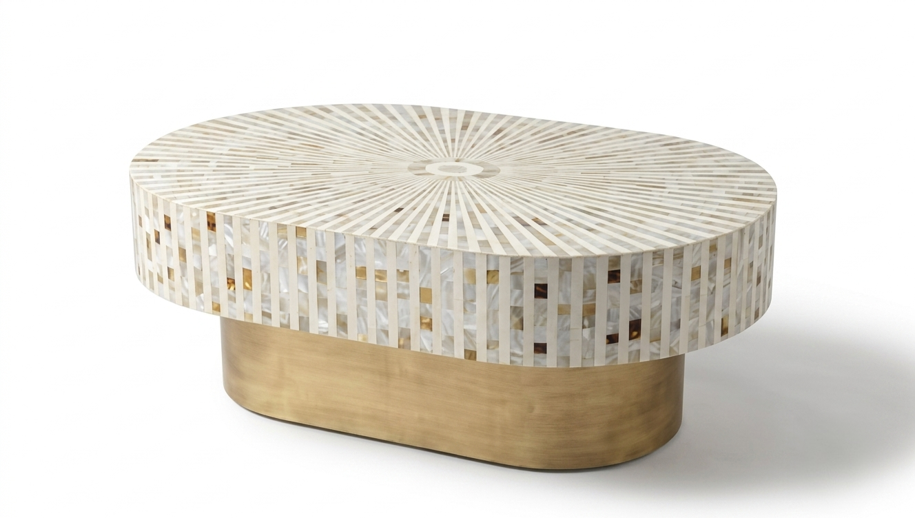 White Mother of Pearl Inlay Oval Coffee Table with Brass Stand