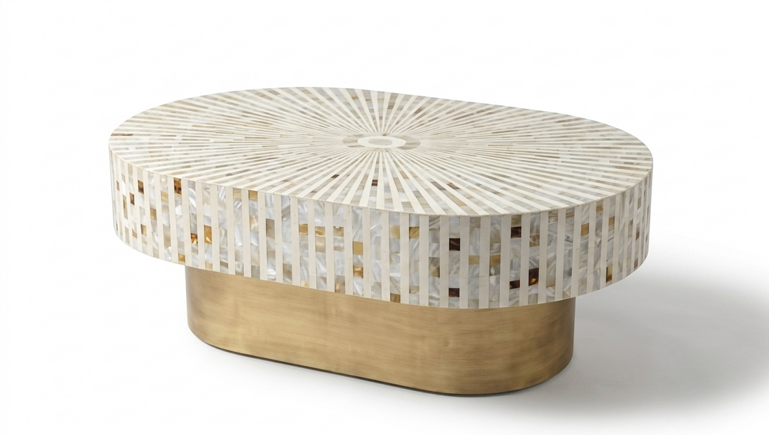 White Mother of Pearl Inlay Oval Coffee Table with Brass Stand