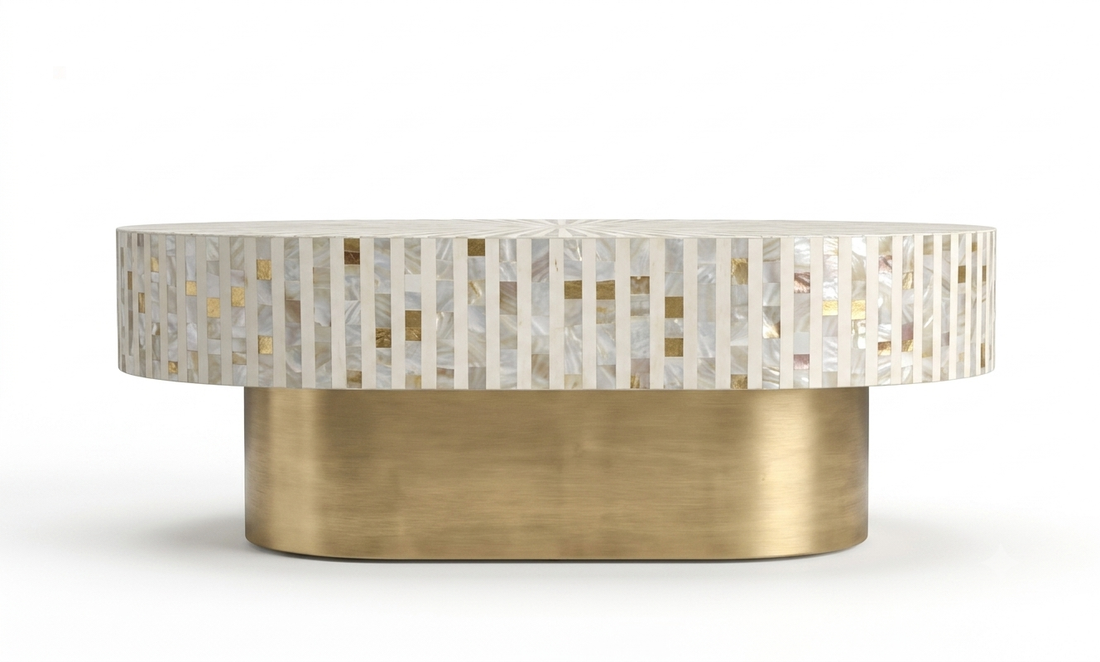 White Mother of Pearl Inlay Oval Coffee Table with Brass Stand