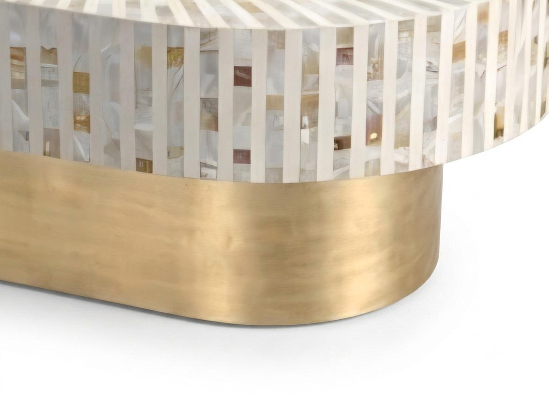 White Mother of Pearl Inlay Oval Coffee Table with Brass Stand