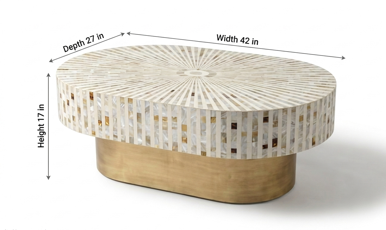 White Mother of Pearl Inlay Oval Coffee Table with Brass Stand