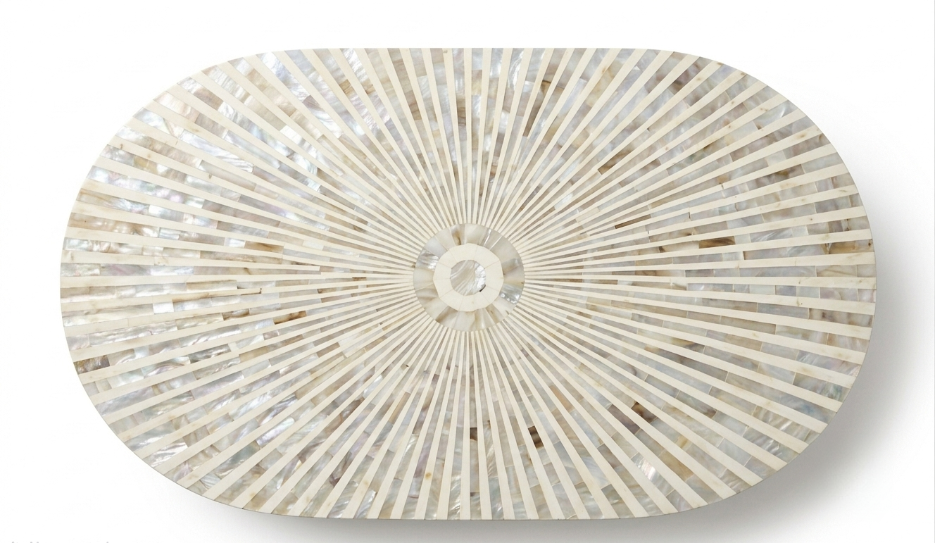 White Mother of Pearl Inlay Oval Coffee Table with Brass Stand