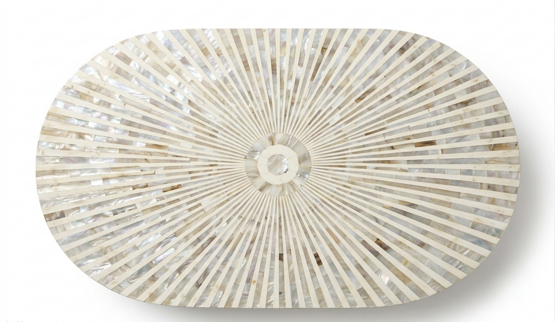 White Mother of Pearl Inlay Oval Coffee Table with Brass Stand