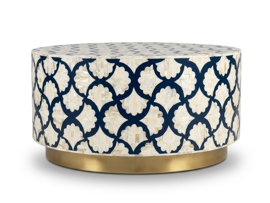 Blue Mother of Pearl Inlay Coffee Table – Floral Design with Brass Base