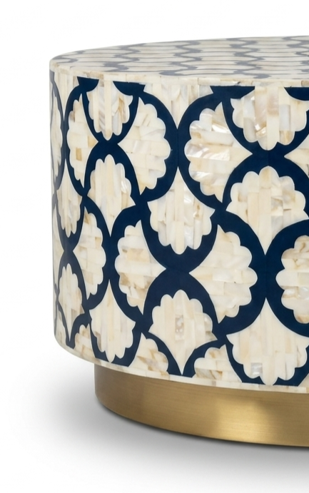 Blue Mother of Pearl Inlay Coffee Table – Floral Design with Brass Base