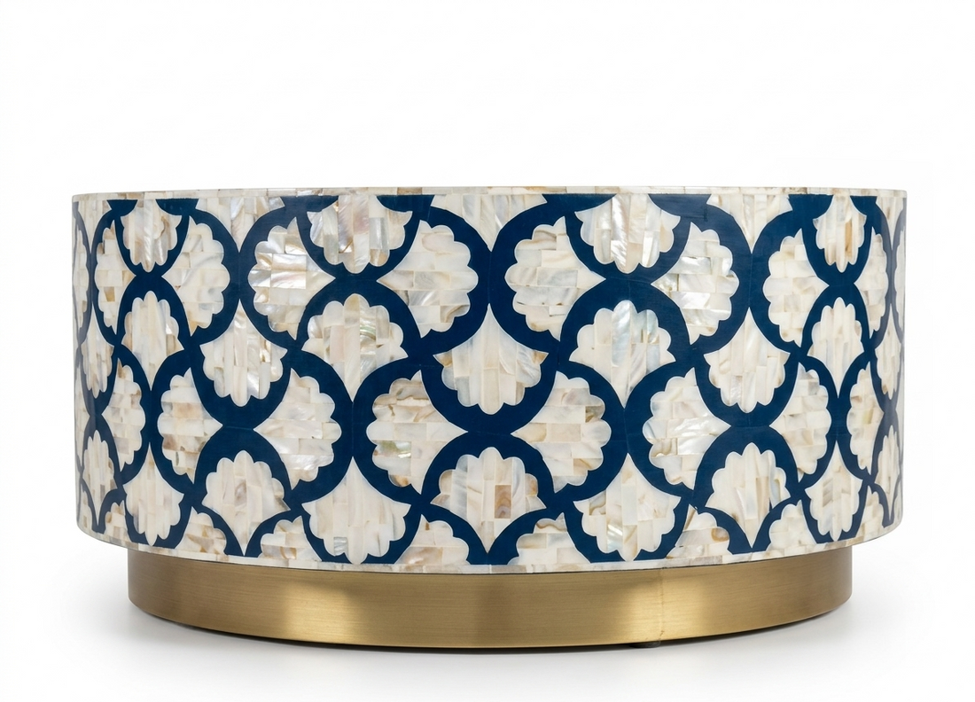 Blue Mother of Pearl Inlay Coffee Table – Floral Design with Brass Base