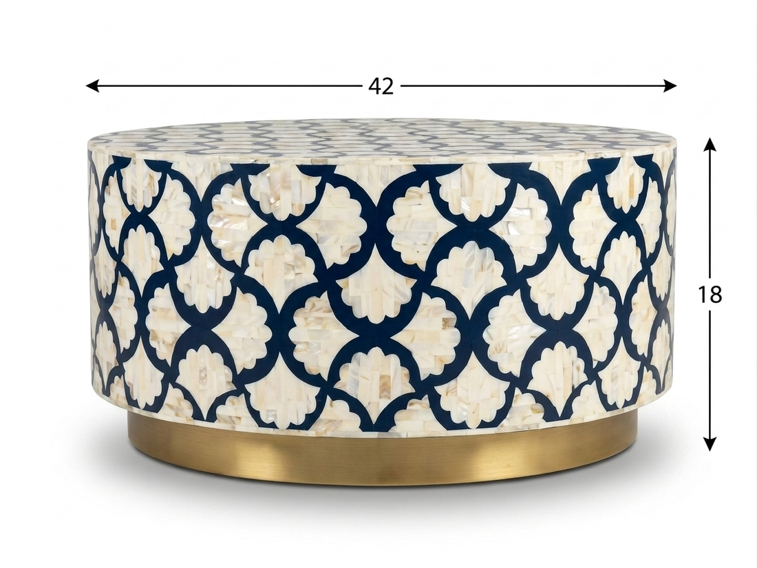 Blue Mother of Pearl Inlay Coffee Table – Floral Design with Brass Base