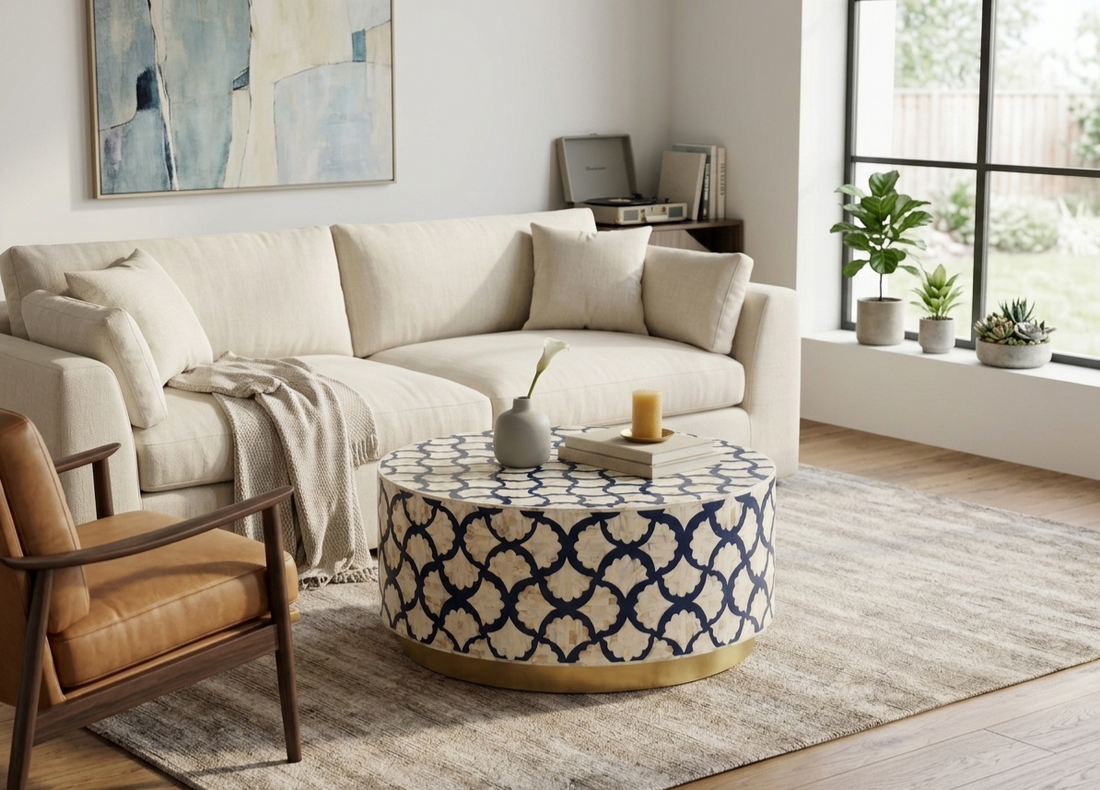 Blue Mother of Pearl Inlay Coffee Table – Floral Design with Brass Base