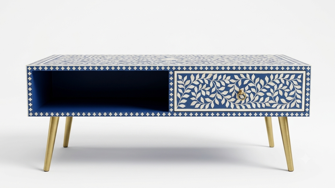 Blue Bone Inlay Coffee Table – 1 Drawer & 1 Shelf