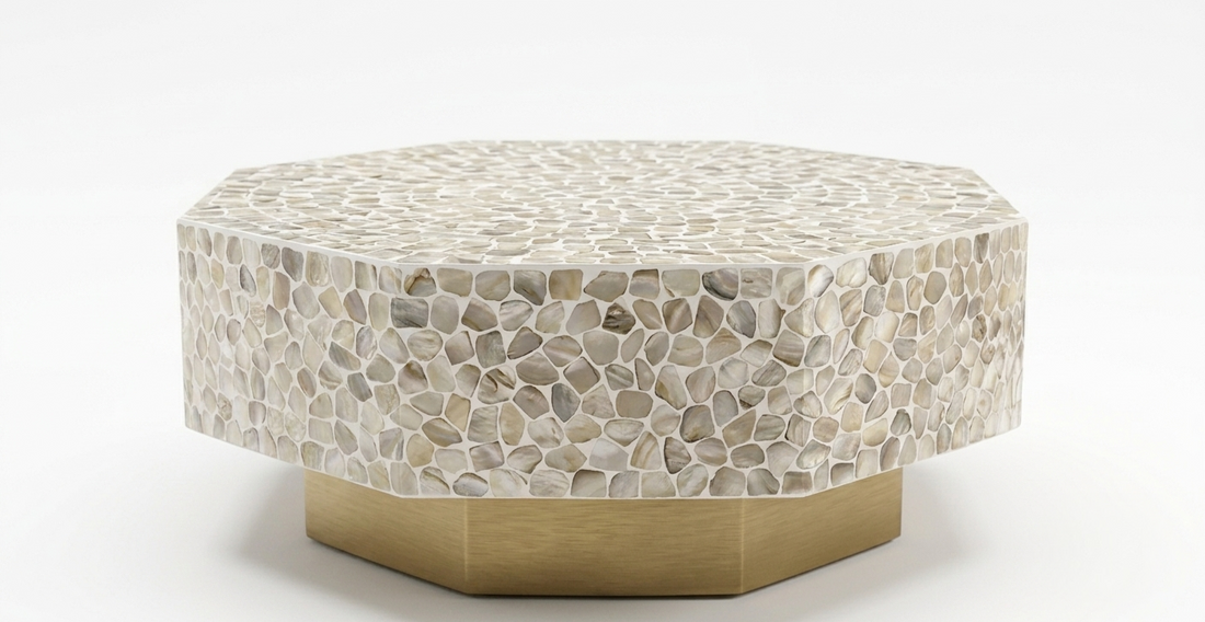 Mother of Pearl Inlay Hexagon Coffee Table – White with Brass Base