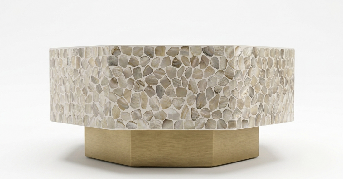 Mother of Pearl Inlay Hexagon Coffee Table – White with Brass Base