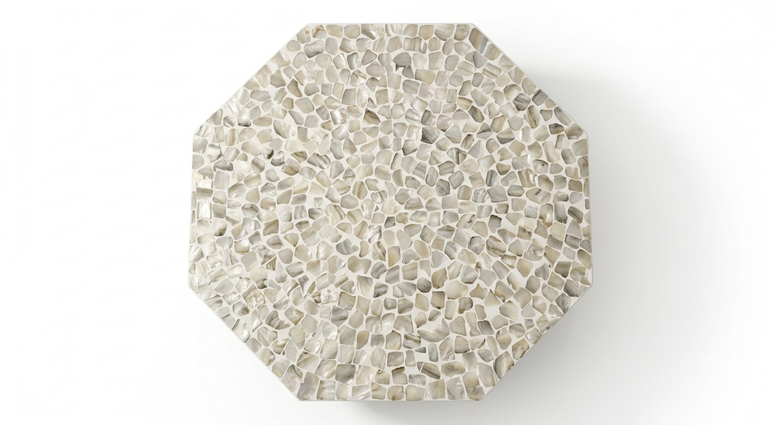 Mother of Pearl Inlay Hexagon Coffee Table – White with Brass Base