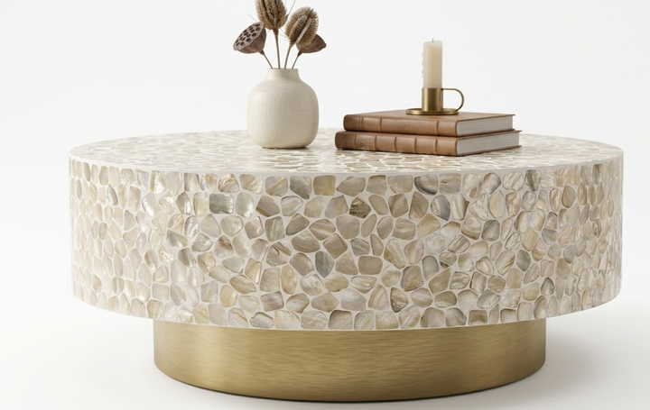 White Mother of Pearl Inlay Round Coffee Table with Brass Base