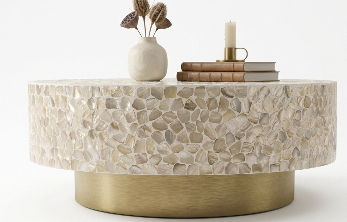 White Mother of Pearl Inlay Round Coffee Table with Brass Base
