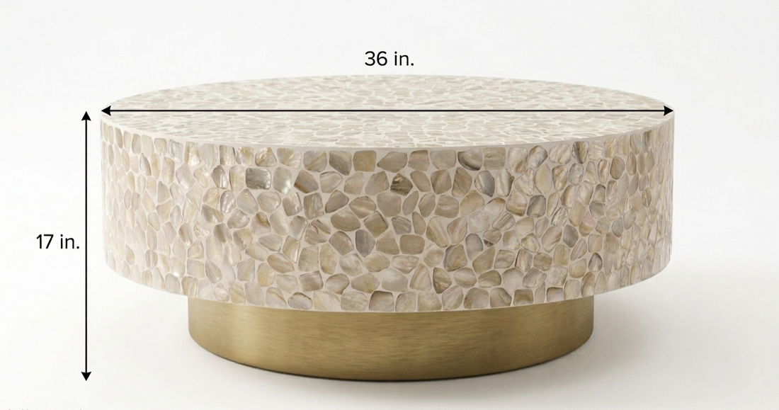 White Mother of Pearl Inlay Round Coffee Table with Brass Base