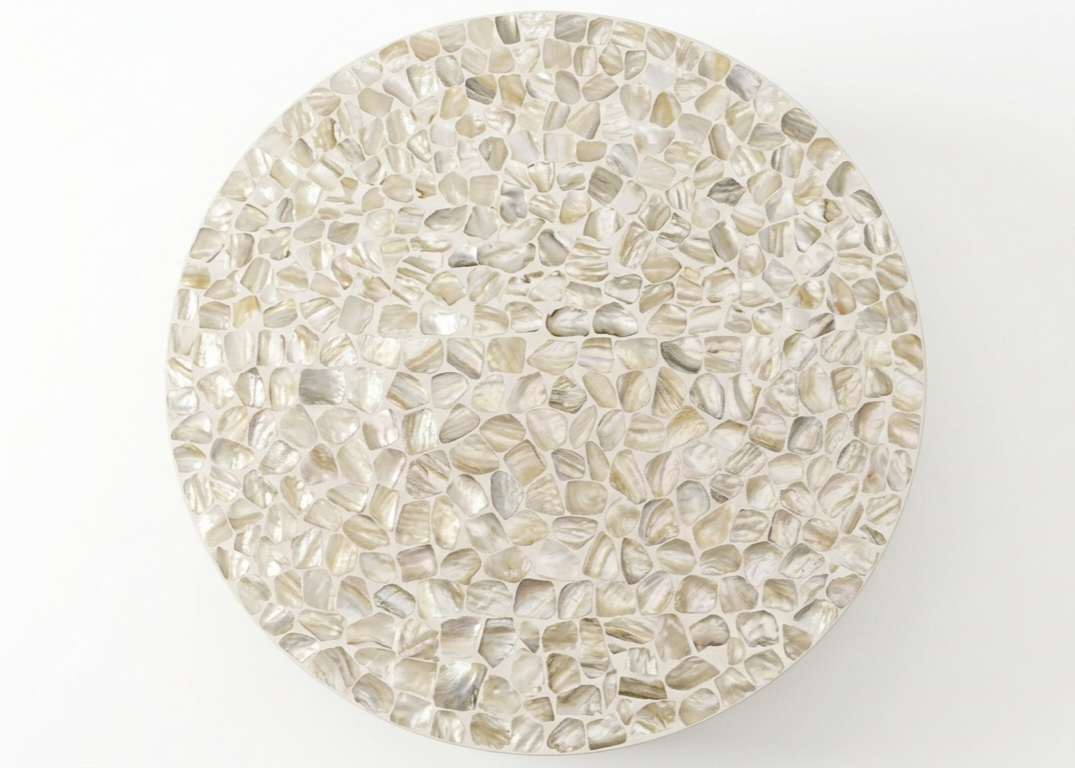 White Mother of Pearl Inlay Round Coffee Table with Brass Base