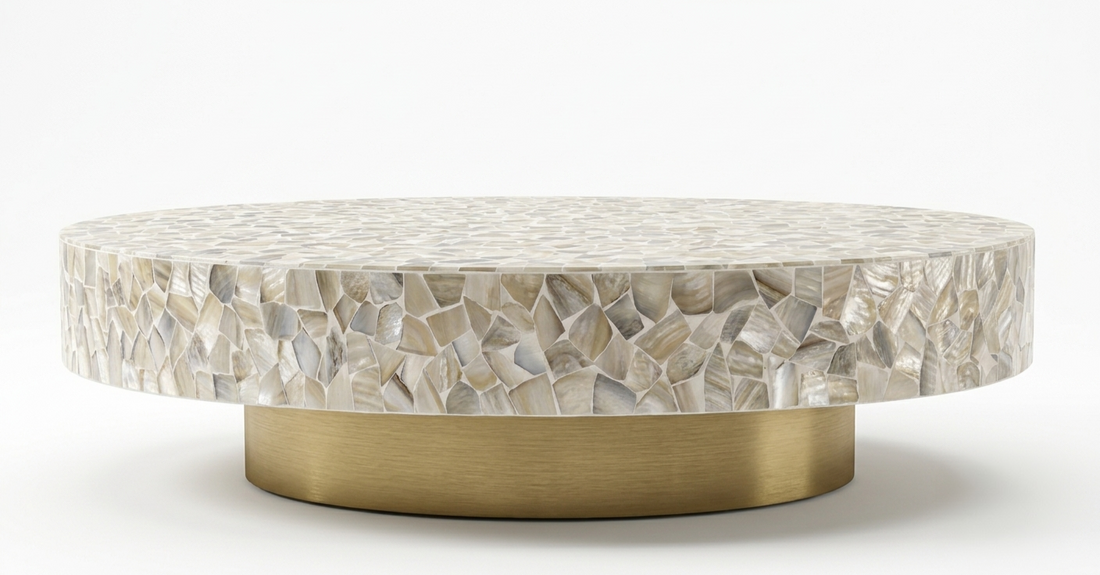 Mother of Pearl Inlay Oval Coffee Table – White with Brass Base