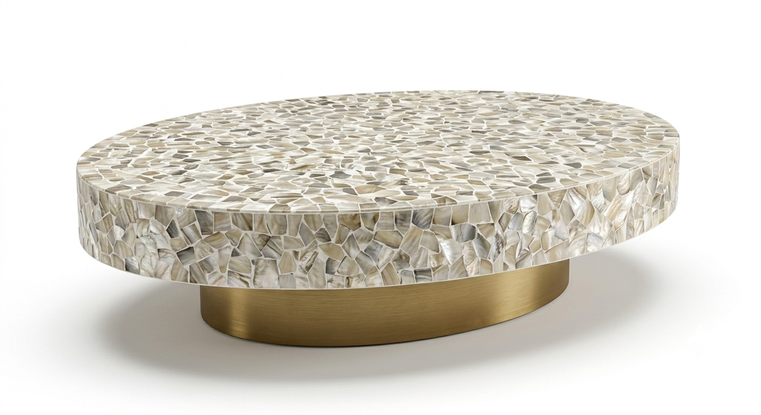 Mother of Pearl Inlay Oval Coffee Table – White with Brass Base