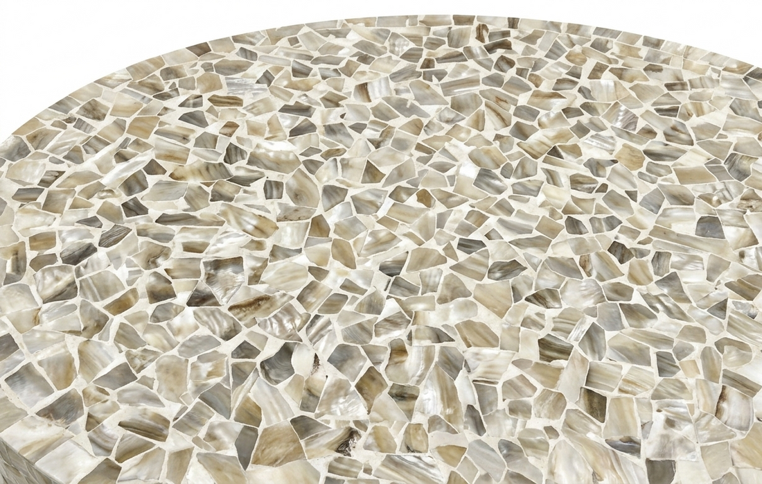 Mother of Pearl Inlay Oval Coffee Table – White with Brass Base