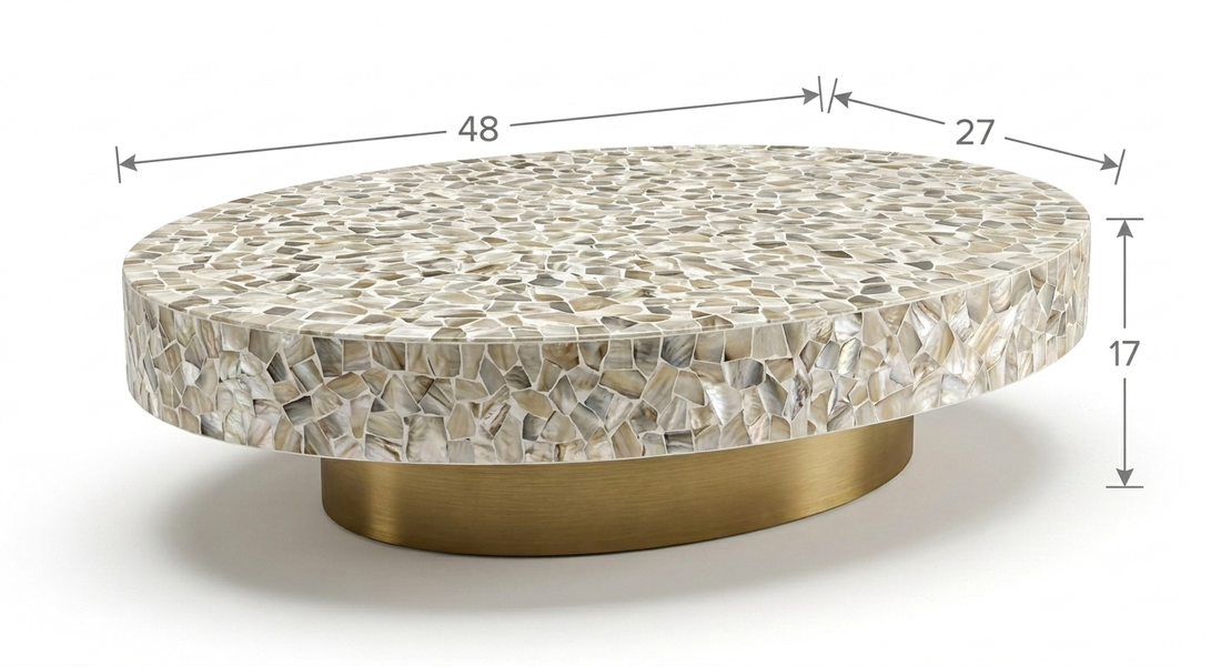 Mother of Pearl Inlay Oval Coffee Table – White with Brass Base
