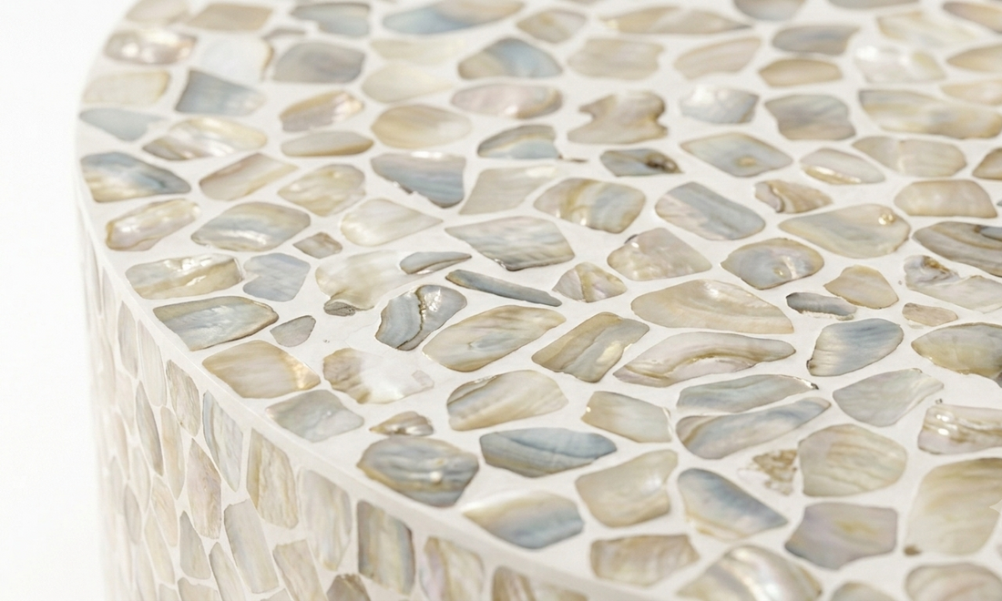 Mother of Pearl Inlay Oval Coffee Table – White with Brass Base