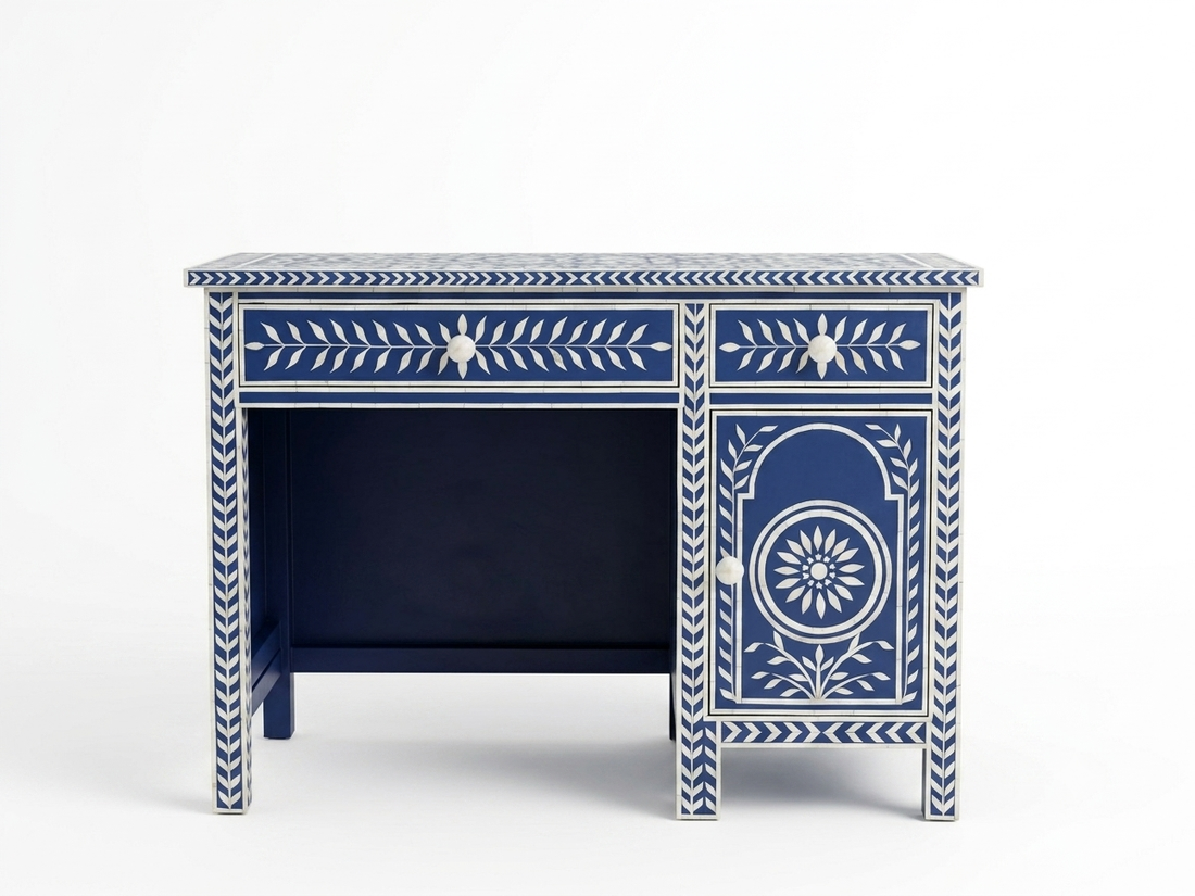 Bone Inlay Blue & White Floral 2-Drawer 1-Door Office Work Desk