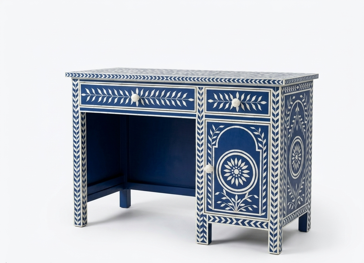 Bone Inlay Blue & White Floral 2-Drawer 1-Door Office Work Desk
