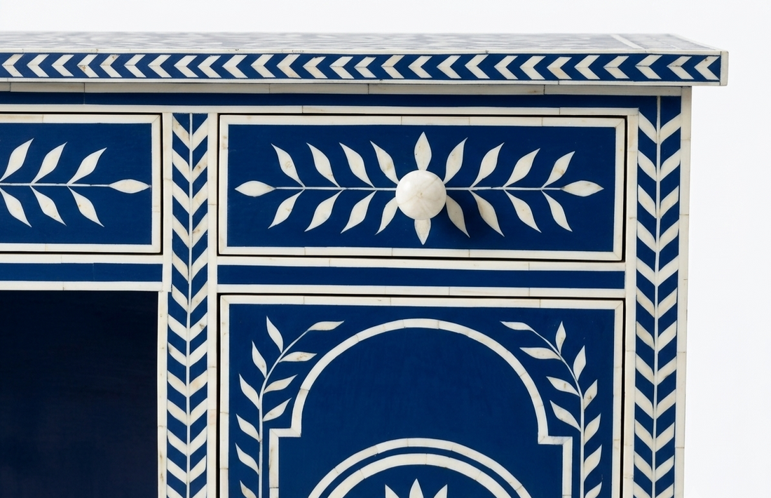 Bone Inlay Blue & White Floral 2-Drawer 1-Door Office Work Desk