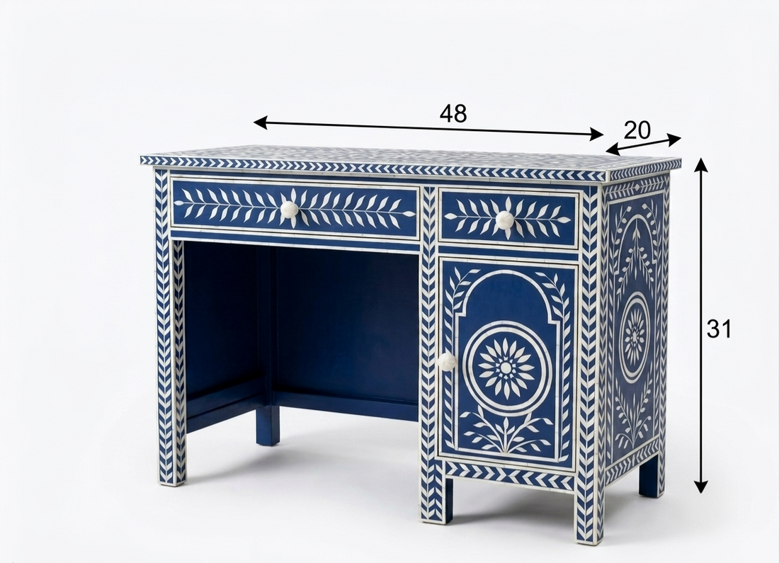 Bone Inlay Blue & White Floral 2-Drawer 1-Door Office Work Desk