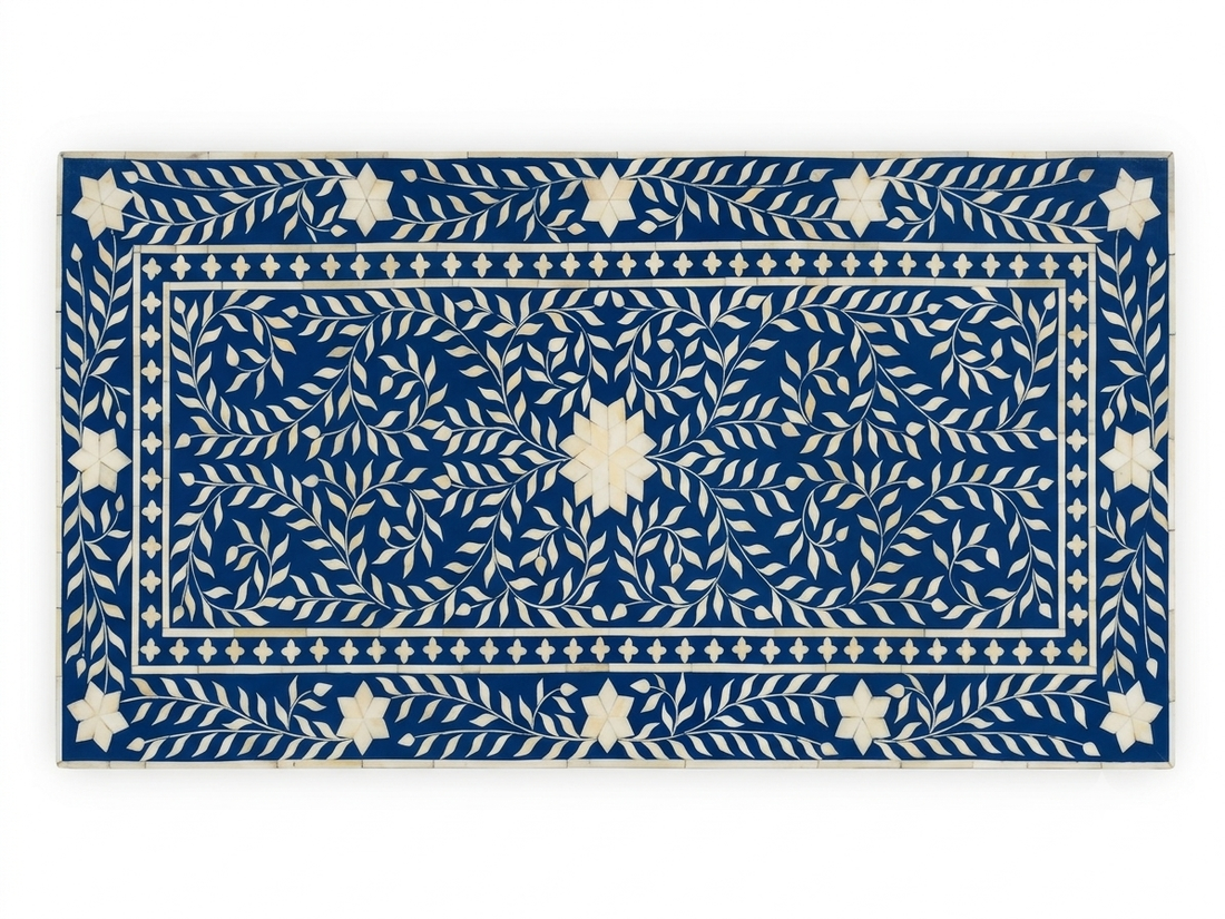Bone Inlay Blue & White Floral 2-Drawer 1-Door Office Work Desk