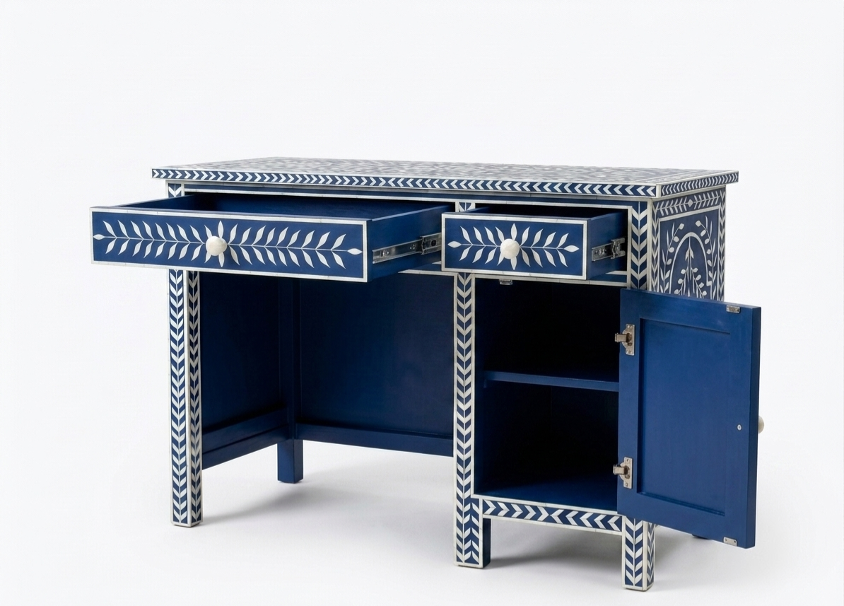 Bone Inlay Blue & White Floral 2-Drawer 1-Door Office Work Desk