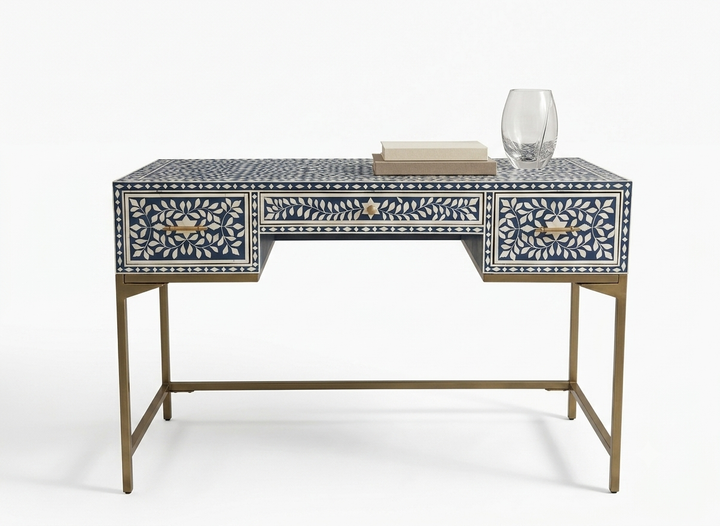 Bone Inlay Blue & White Floral 3 Drawer Work Desk – Gold Powder-Coated Stand