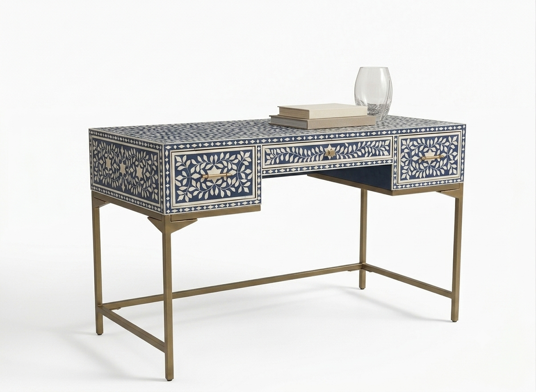 Bone Inlay Blue & White Floral 3 Drawer Work Desk – Gold Powder-Coated Stand