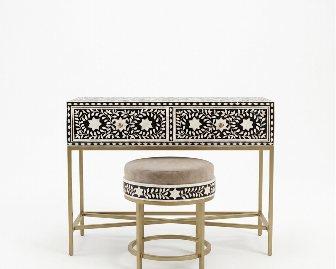 Bone Inlay Black & White 2-Drawer Console Table with Stool