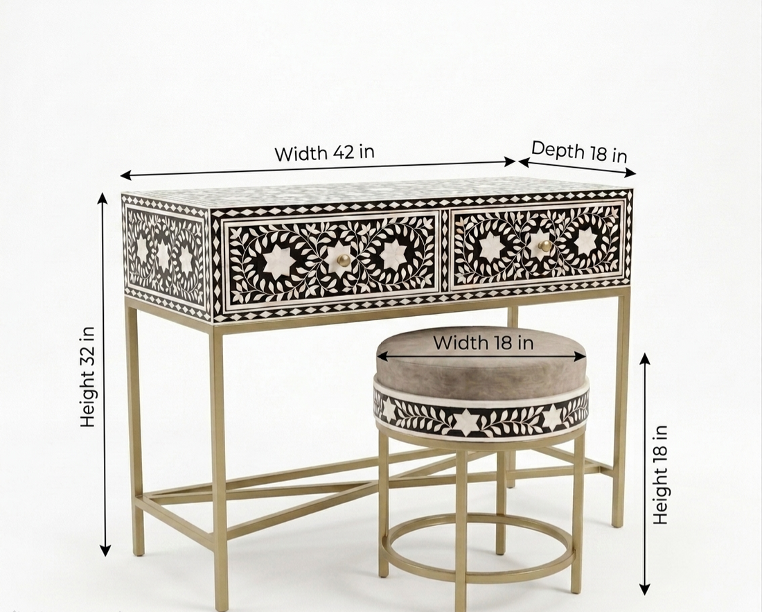 Bone Inlay Black & White 2-Drawer Console Table with Stool