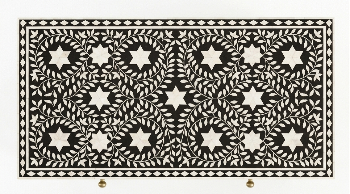 Bone Inlay Black & White 2-Drawer Console Table with Stool