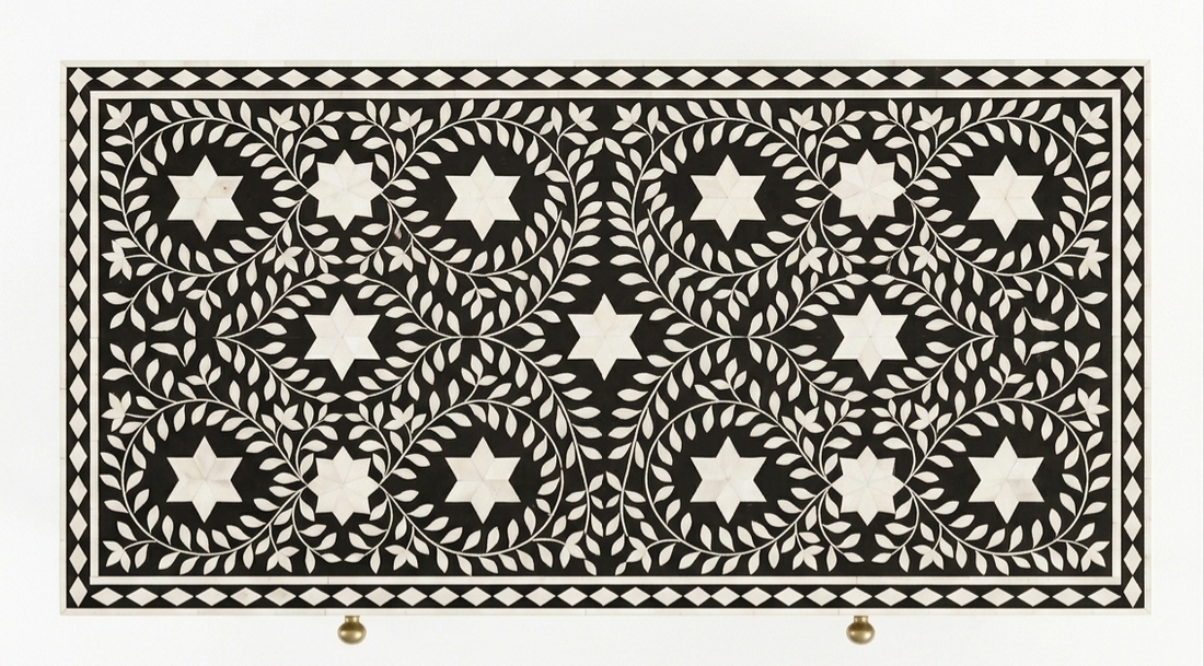 Bone Inlay Black & White 2-Drawer Console Table with Stool