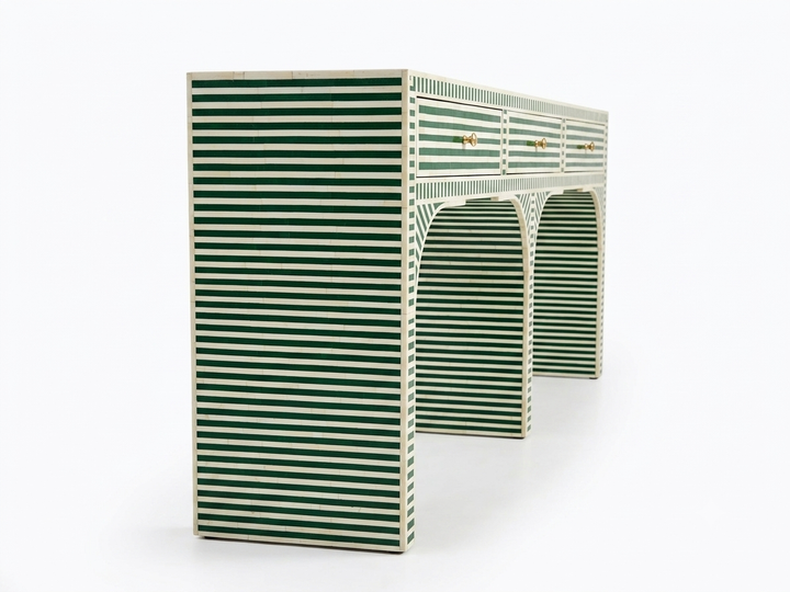 Bone Inlay Green & White 3 Drawer Console Table