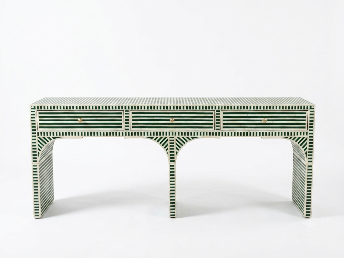 Bone Inlay Green & White 3 Drawer Console Table